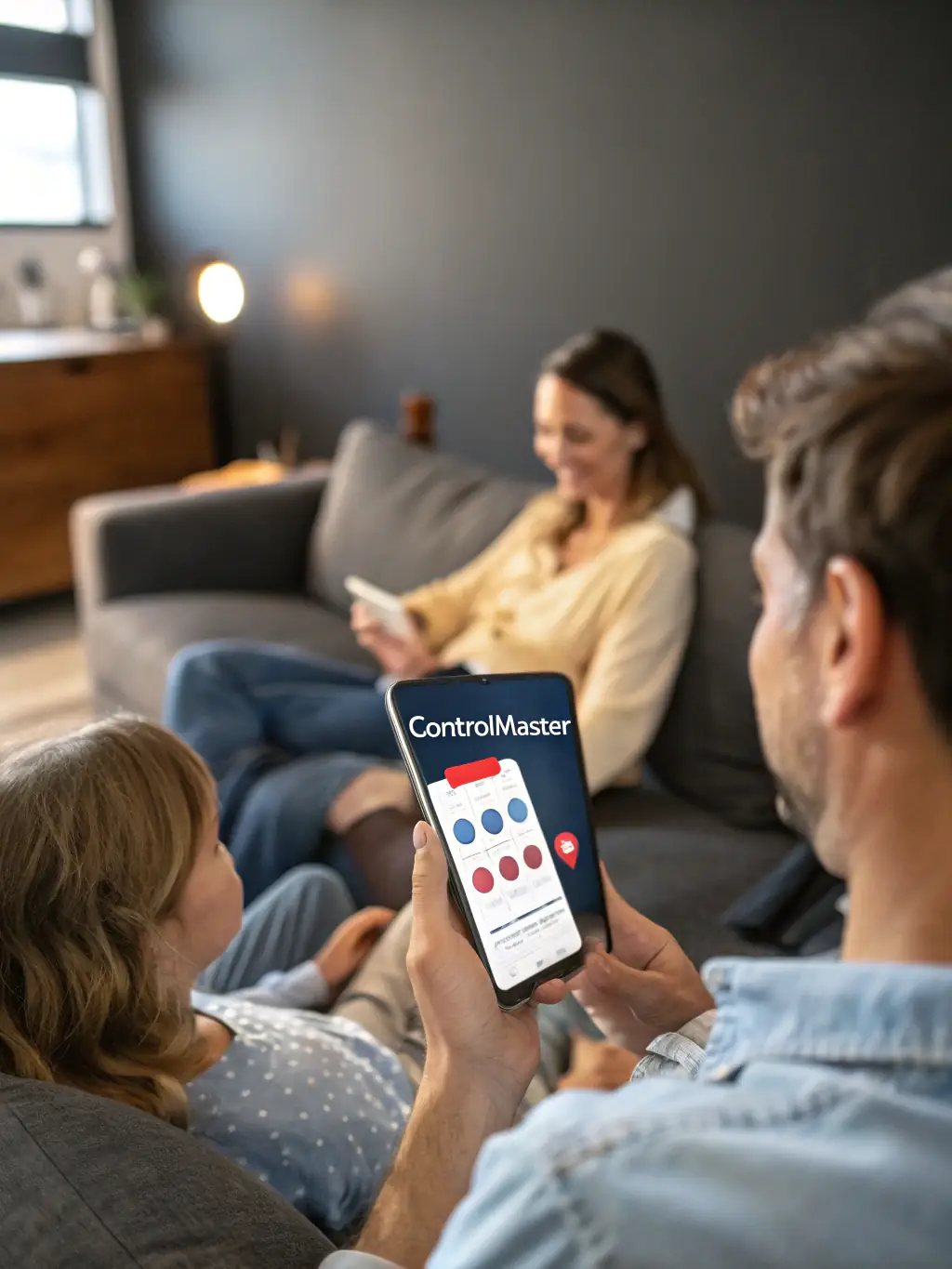 A smartphone displaying the sim-family.info app with the 'Safe Kids Mode' activated. The screen shows parental control settings and content filtering options, ensuring a secure online experience for children.