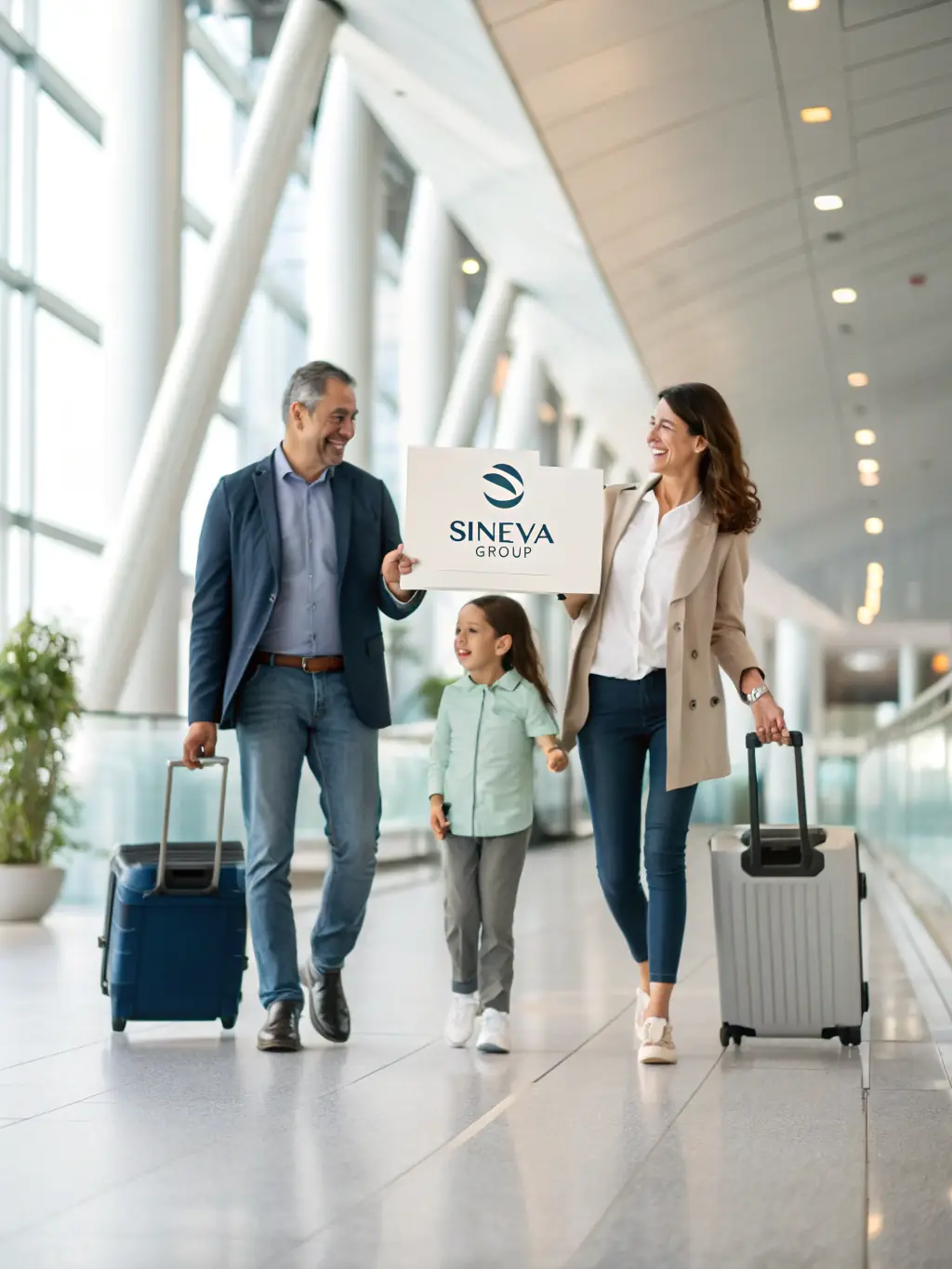 A cheerful family is being greeted at the airport by a friendly sim-family.info representative holding a sign with the family's name on it. The scene is warm and welcoming, emphasizing the convenience of the airport pickup service.